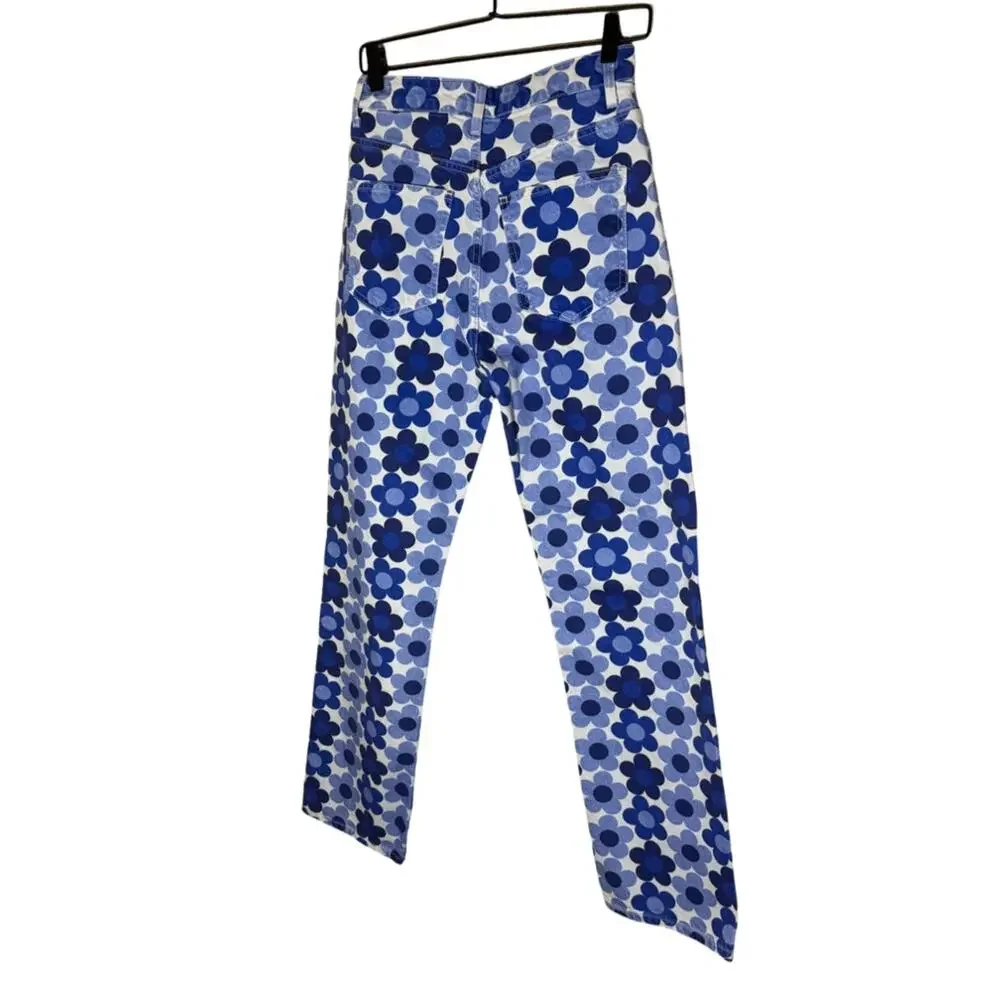 Zara Blue Floral Print Wide Leg Jeans Y2K Retro Cotton Denim 4